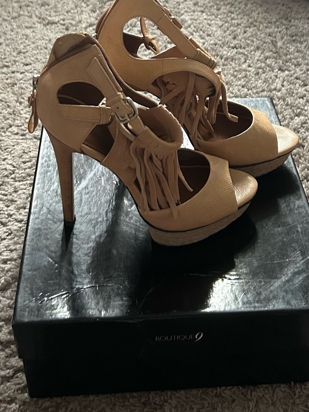 Boutique 9 Tan Fringe Peep-Toe Platform Sandals
